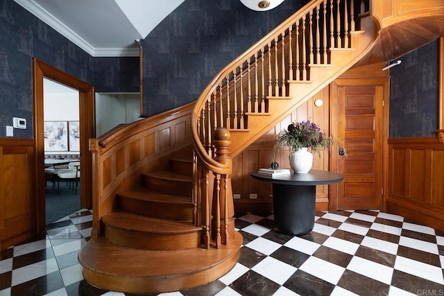 stairway with crown molding