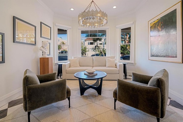 sitting room featuring an inviting chandelier, a wealth of natural light, and crown molding