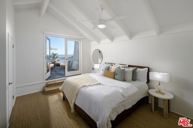 carpeted bedroom featuring lofted ceiling with beams and ceiling fan