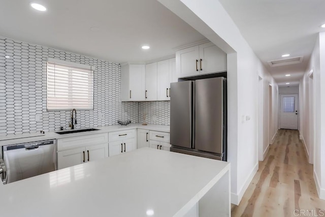 kitchen featuring sink, backsplash, white cabinets, and appliances with stainless steel finishes