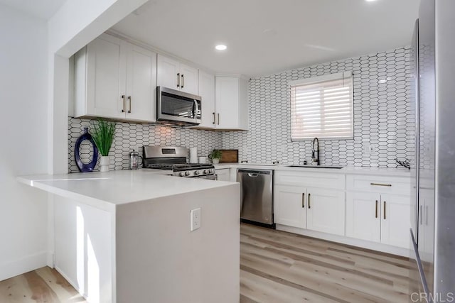 kitchen featuring tasteful backsplash, sink, white cabinets, kitchen peninsula, and stainless steel appliances