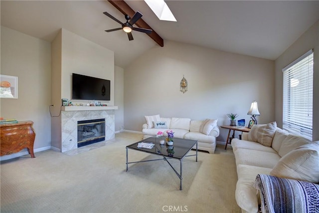 6279 Twinberry Cir Unit 7, Avila Beach, CA 93424 - carpeted living room with a ceiling fan, a skylight, and a premium fireplace