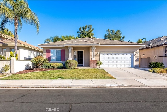 single story home with a front yard and a garage