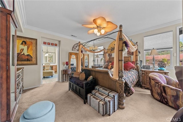 bedroom with crown molding, light carpet, and ceiling fan