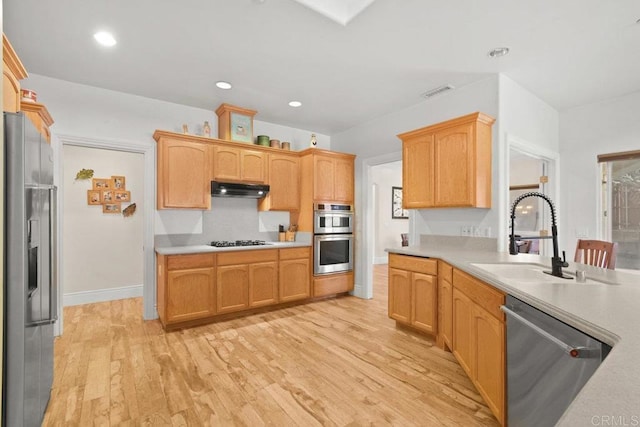 kitchen featuring sink, stainless steel appliances, light hardwood / wood-style floors, and tasteful backsplash