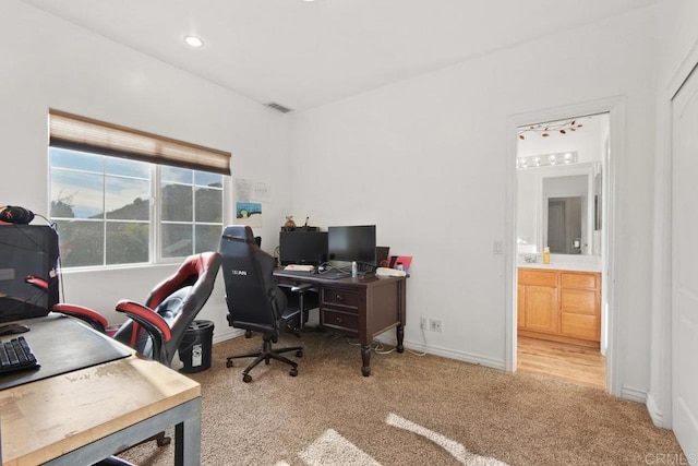 view of carpeted home office