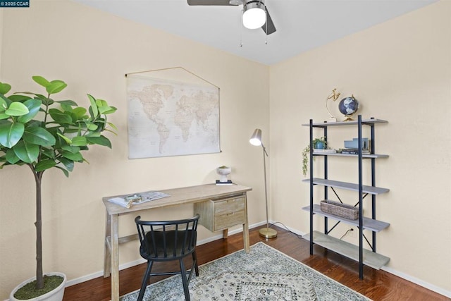 office featuring dark hardwood / wood-style floors and ceiling fan