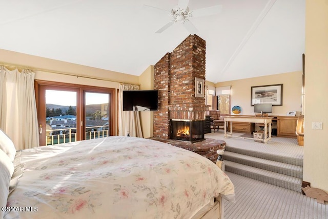 bedroom with high vaulted ceiling, a fireplace, carpet, access to exterior, and ceiling fan