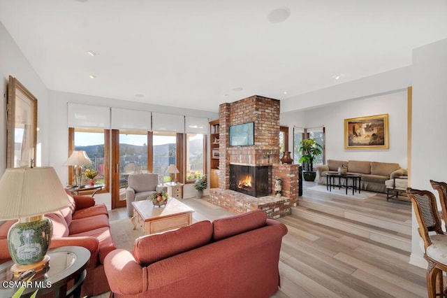 living room featuring a fireplace and light hardwood / wood-style floors