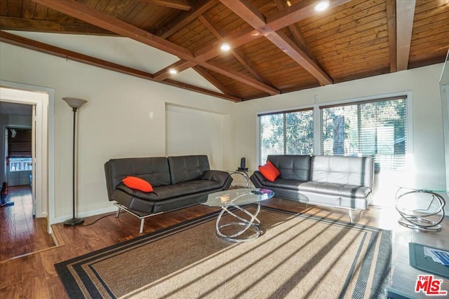 living room featuring hardwood / wood-style floors, vaulted ceiling with beams, and wood ceiling