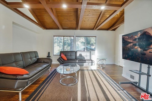 living room with dark wood-type flooring, wooden ceiling, and vaulted ceiling with beams