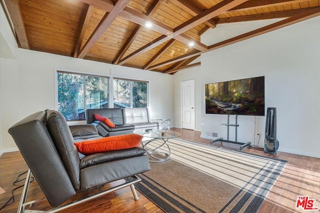 living room with hardwood / wood-style flooring, wooden ceiling, high vaulted ceiling, and beamed ceiling