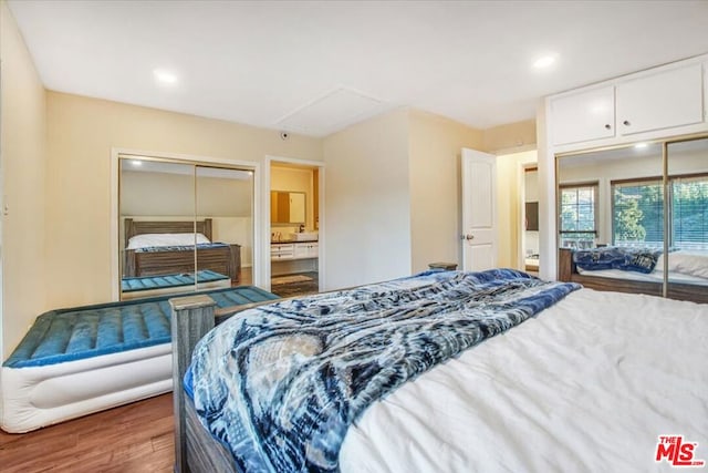 bedroom with a closet, dark hardwood / wood-style floors, and ensuite bath