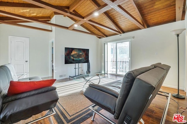 living room featuring high vaulted ceiling, beam ceiling, wooden ceiling, and wood-type flooring