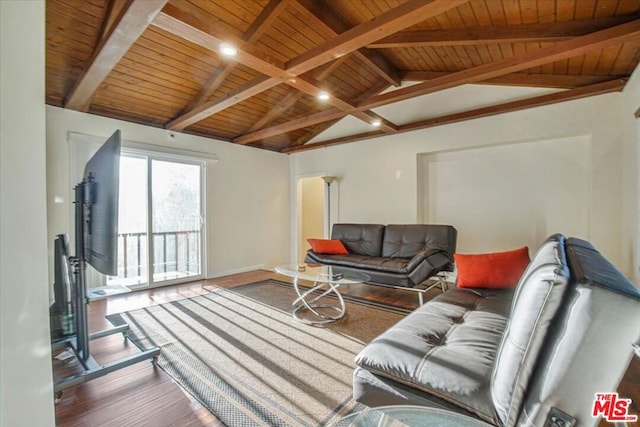 living room with wooden ceiling, hardwood / wood-style floors, and vaulted ceiling with beams