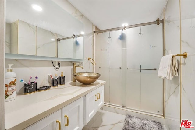 bathroom featuring decorative backsplash, walk in shower, and vanity