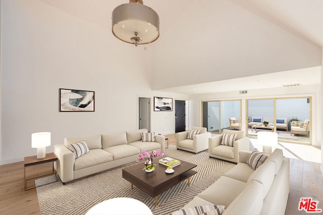 living room featuring a towering ceiling and light hardwood / wood-style flooring