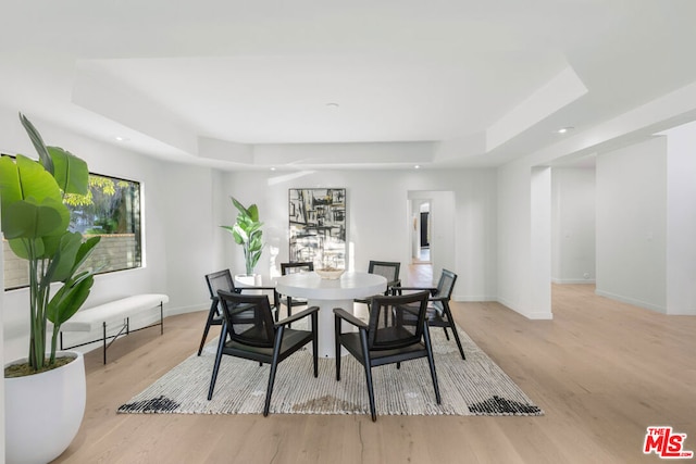 dining room featuring light hardwood / wood-style floors and a tray ceiling