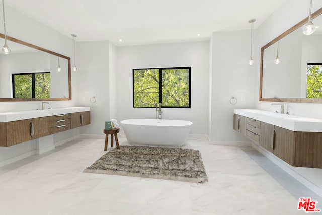 bathroom with vanity, a bathing tub, and a healthy amount of sunlight