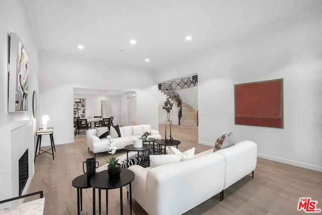 living room with crown molding and light hardwood / wood-style flooring