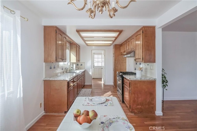 kitchen featuring under cabinet range hood, a sink, backsplash, light wood finished floors, and gas range