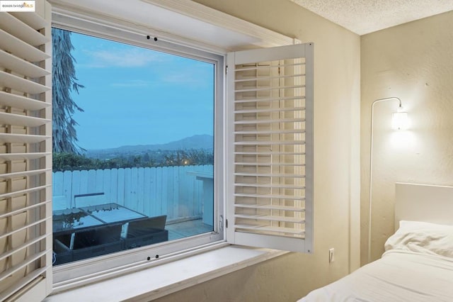 bedroom featuring a mountain view and a textured ceiling