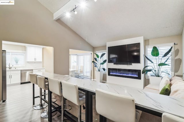 interior space featuring sink, rail lighting, beam ceiling, high vaulted ceiling, and light hardwood / wood-style floors