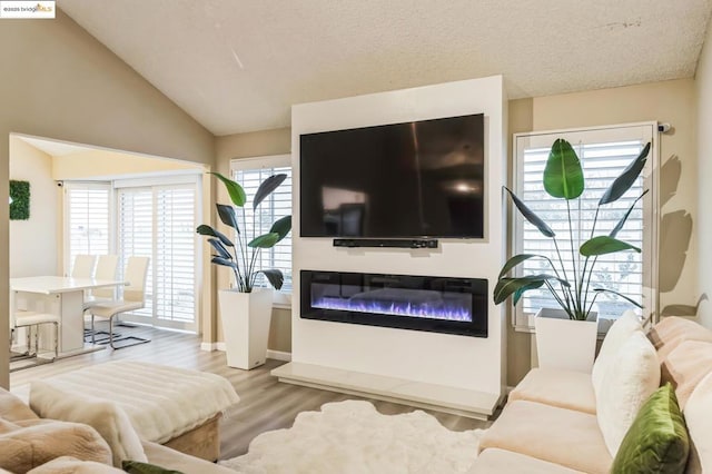 living room with lofted ceiling, plenty of natural light, and light wood-type flooring