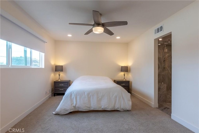 bedroom with ceiling fan and carpet flooring