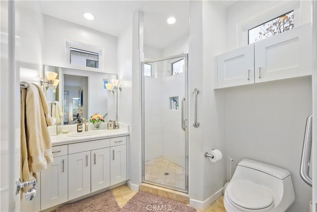 bathroom with walk in shower, vanity, toilet, and tile patterned flooring