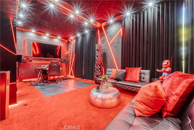 home theater room featuring carpet flooring