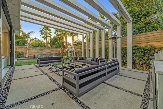 view of patio with an outdoor hangout area, a fenced backyard, and a pergola