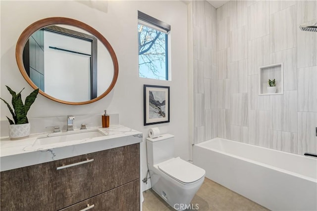 full bath with bathing tub / shower combination, toilet, vanity, and tile patterned flooring