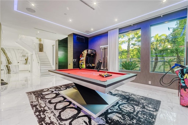 playroom featuring billiards, visible vents, and marble finish floor