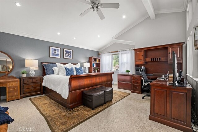 bedroom with crown molding, ceiling fan, lofted ceiling with beams, and light carpet