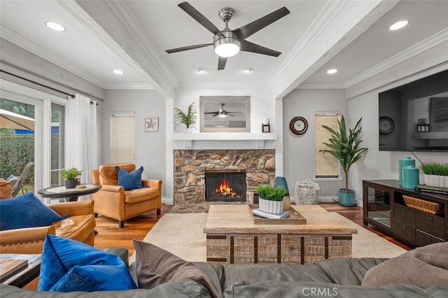 living room with hardwood / wood-style flooring, a fireplace, crown molding, and ceiling fan