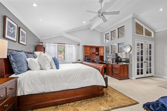 bedroom featuring crown molding, light carpet, ceiling fan, and french doors