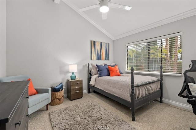 bedroom with lofted ceiling, crown molding, light colored carpet, and ceiling fan