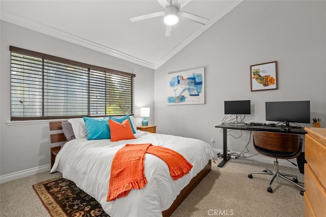 carpeted bedroom featuring lofted ceiling, crown molding, and ceiling fan