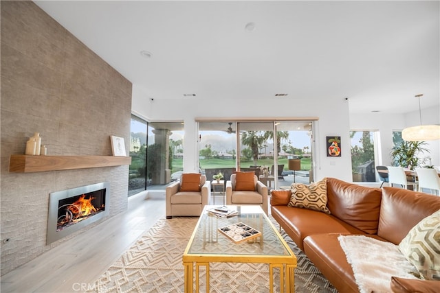 living room with light wood-type flooring and a fireplace