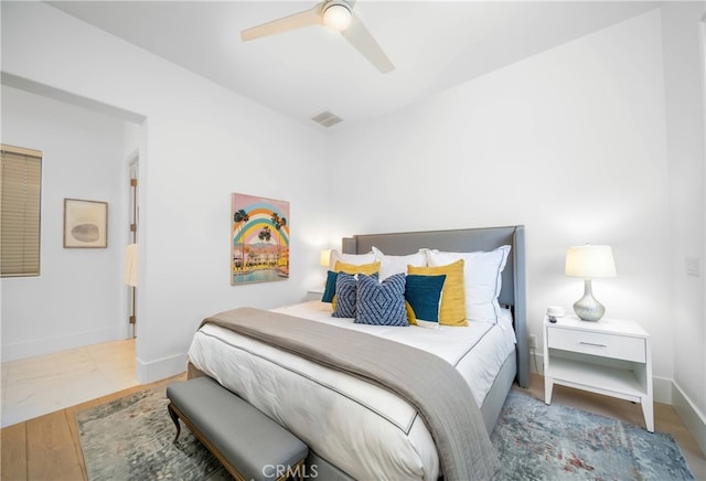 bedroom with ceiling fan and wood-type flooring