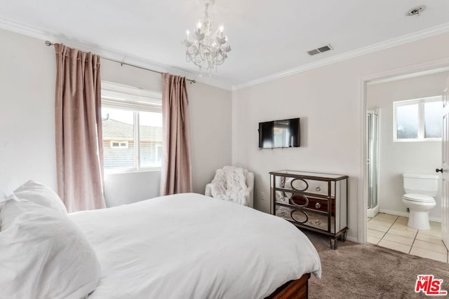 bedroom with light tile patterned floors, ensuite bathroom, ornamental molding, and a chandelier