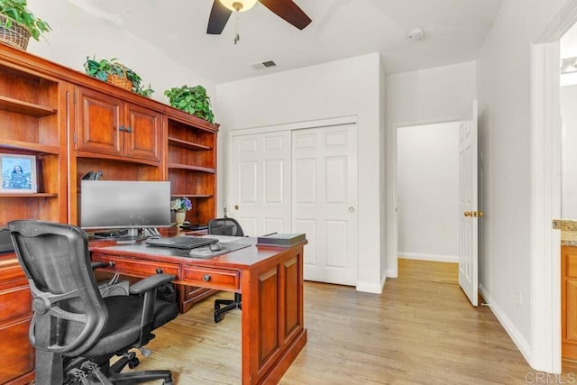 office space with ceiling fan and light hardwood / wood-style floors