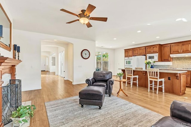 living room with ceiling fan and light hardwood / wood-style floors