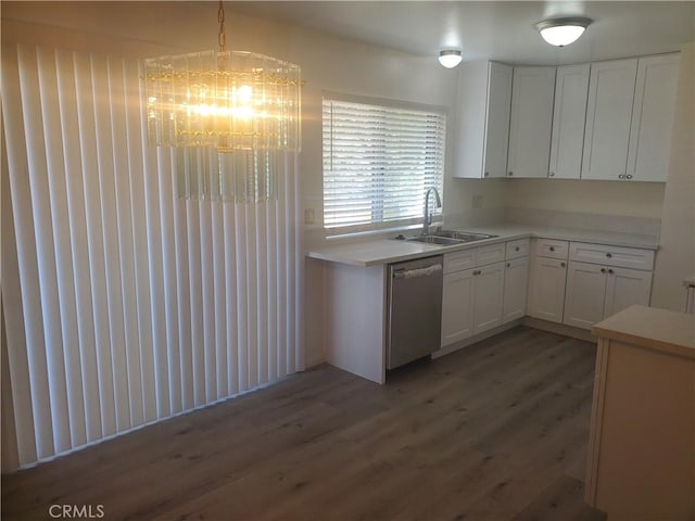 kitchen featuring white cabinets, dishwasher, dark hardwood / wood-style flooring, sink, and hanging light fixtures