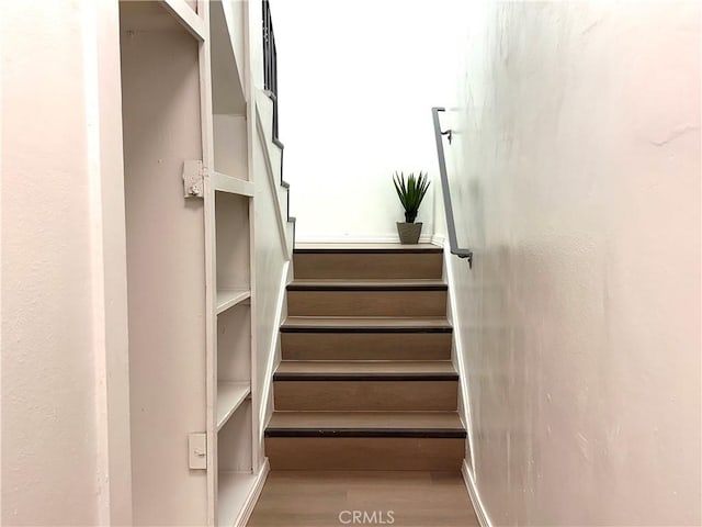 staircase featuring wood-type flooring