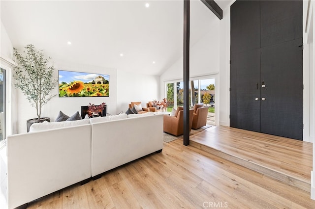 living room featuring light hardwood / wood-style floors and high vaulted ceiling