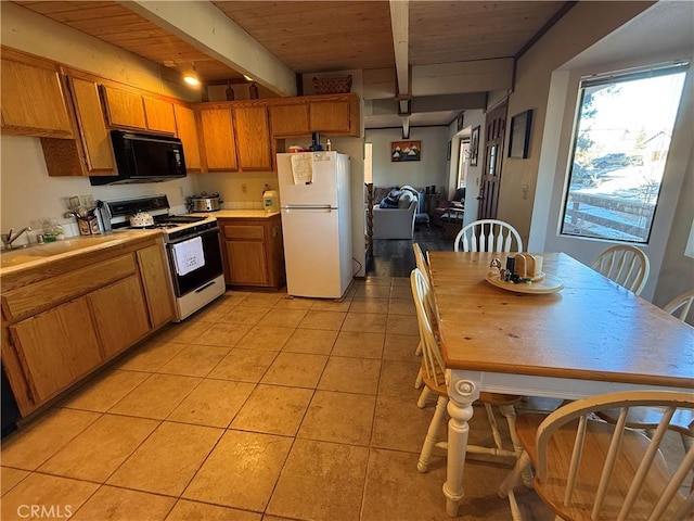 kitchen with sink, white appliances, light tile patterned floors, and wood ceiling