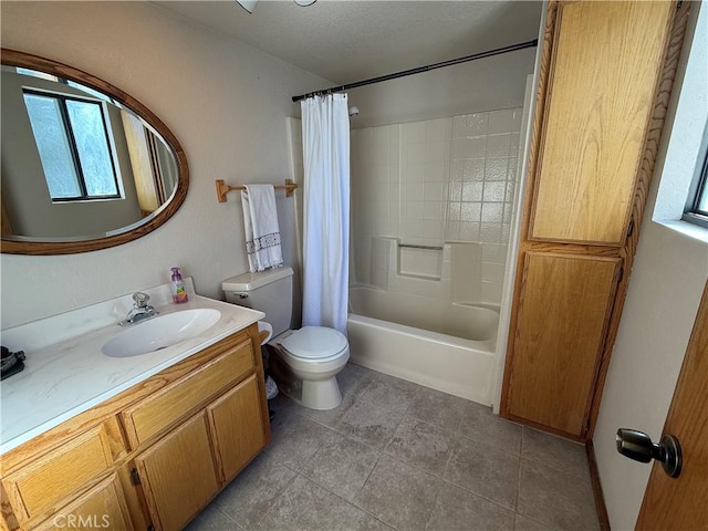 full bathroom with shower / bath combo with shower curtain, toilet, and vanity