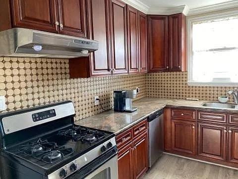 kitchen with appliances with stainless steel finishes, light hardwood / wood-style floors, sink, and backsplash